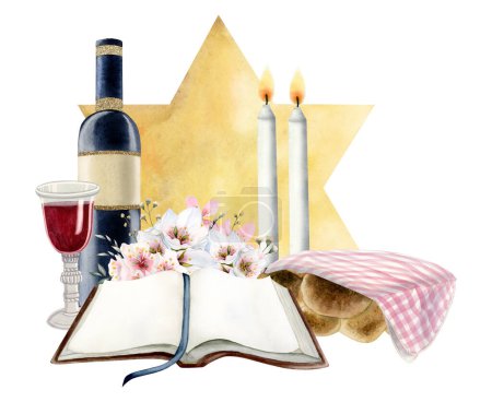 Foto de Escena judía de Shabat con libro abierto de la Torá, estrella de oro de David, dos velas, jalá con tapa, copa de vino tinto y botella aislada ilustración de acuarela para los diseños de la fe judía, víspera del sábado. - Imagen libre de derechos