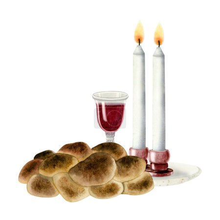 Foto de Shabat jalá, dos velas y copa de vino tinto acuarela ilustración aislada sobre fondo blanco para la ceremonia de la víspera del sábado y diseños de fe judía. - Imagen libre de derechos