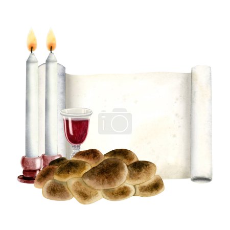 Watercolor Shabbat challah, two burning candles, red wine glass and blank Torah scroll hand drawn illustration isolated on white background for Saturday eve ceremony and Jewish faith designs.