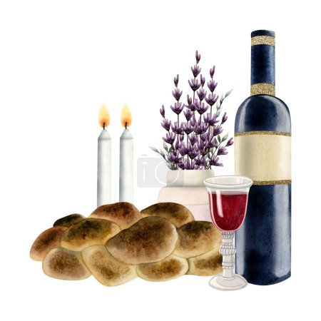 Foto de Escena de Shabat de fe judía con dos velas encendidas, jalá, ramo de flores de lavanda y copa de vino tinto e ilustración de acuarela aislada botella para la celebración de la víspera del sábado. - Imagen libre de derechos