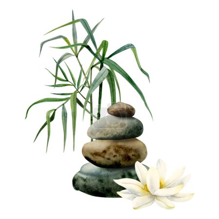 Téléchargez les photos : Fleur de lotus avec pyramide de pierres équilibrées et illustration aquarelle réaliste en bambou isolé sur fond blanc pour le yoga, les centres de spa, les cosmétiques naturels asiatiques et les soins de santé. - en image libre de droit