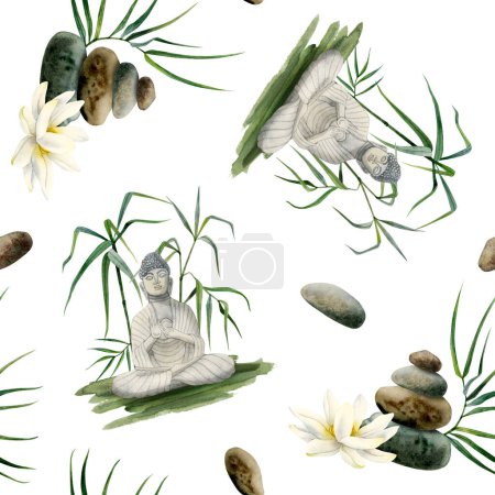 Photo for Buddha sitting in bamboo, lotus flowers and balanced stones watercolor seamless pattern on white. Hand drawn Buddhism culture background for fabrics, textiles and wrapping paper. - Royalty Free Image