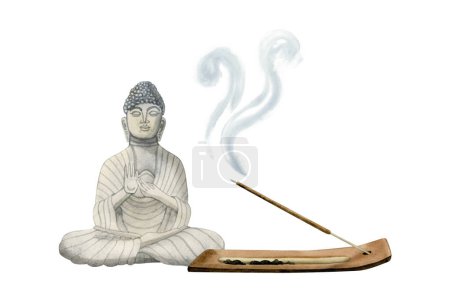 Photo for Buddha figurine with burning aroma stick in wooden stand watercolor illustration isolated on white background for spa, relaxation, meditation, wellness and beauty design. - Royalty Free Image