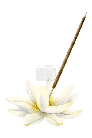 Téléchargez les photos : Lotus fleur arôme bâton aquarelle stand illustration isolé sur fond blanc. Porte-bâton d'encens indien pour les designs de salons de spa. Brûleur pour aromathérapie et méditation. - en image libre de droit