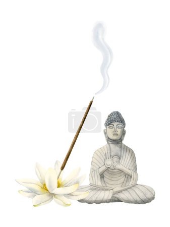 Foto de Buda sentado con flor de loto aroma palo ardiente pie acuarela ilustración aislada sobre fondo blanco. Soporte de varilla de incienso indio para diseños de salones de spa. - Imagen libre de derechos