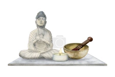 Téléchargez les photos : Bouddha méditant avec bol chantant en bronze et illustration d'aquarelle de bougie brûlante sur fond blanc. Guérison holistique sonore, thérapie de bain sonore pour les procédures de relaxation et de spa. - en image libre de droit
