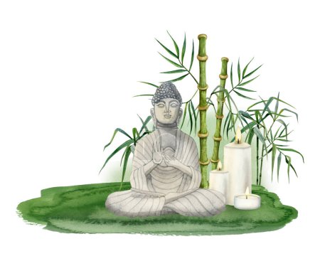 Téléchargez les photos : Méditer Bouddha assis sur l'herbe verte avec des bougies brûlantes en bambou illustration aquarelle isolé sur fond blanc. Clipart de méditation pour yoga, spa et conceptions bouddhistes. - en image libre de droit