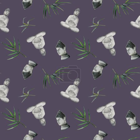 Photo for Buddha figurines with bamboo branches and leaves watercolor seamless pattern on dark purple. Hand drawn Buddhism background for printing on fabrics, textiles and wrapping paper. - Royalty Free Image