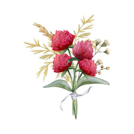 Photo for Red clover with wildflowers and lush dry grass bouquet watercolor illustration isolated on white. Botanical drawing for spring and summer floral rustic designs. - Royalty Free Image