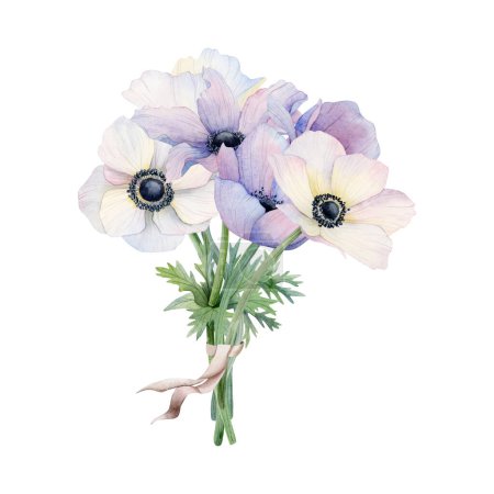 Photo for Pastel brides bouquet of white and purple anemone flowers with ribbon watercolor illustration isolated on white background. Field poppies for spring wedding design and Mothers day cards. - Royalty Free Image