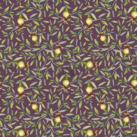 Photo for Pomegranate tree branches and growing fruits watercolor seamless pattern on dust purple background for fabrics, stationary, Jewish Rosh Hashanah greeting card and botanical floral designs. - Royalty Free Image