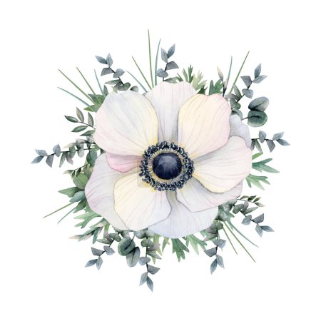 Photo for White anemone flower with eucalyptus branches and grass watercolor floral illustration isolated on white background. Field poppy wildflower in pastel colors for logo design and prints. - Royalty Free Image
