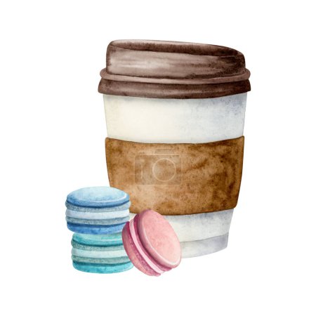 Photo for Macaroons pyramid in pastel pink and teal blue colors with take away coffee cup illustration isolated on white background. Delicious dessert food for cafe and bakeries. - Royalty Free Image