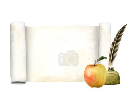 Photo for Symbols of education, paper scroll, Newton apple and inkwell with feather pen watercolor illustration isolated on white. Writer poetry template with copy space. - Royalty Free Image
