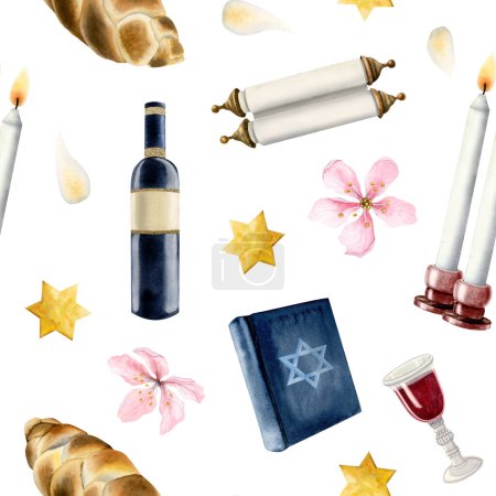 Téléchargez les photos : Symboles de Shabbat motif sans couture aquarelle sur fond blanc pour la réunion du samedi avec des accessoires religieux et livre de la Torah. - en image libre de droit