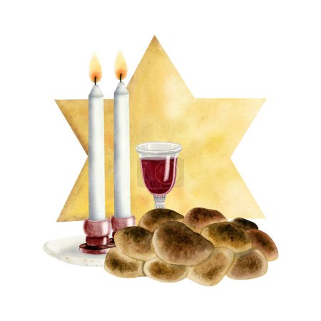 Foto de Concepto de Shabat con pan de jalá, copa de vino, velas y estrella de David ilustración acuarela aislado sobre fondo blanco. - Imagen libre de derechos