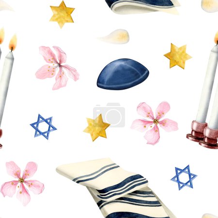 Téléchargez les photos : Bougies de Shabbat, kippah, tallit pour la prière du samedi, étoiles de David et fleurs motif sans couture aquarelle sur fond blanc. - en image libre de droit