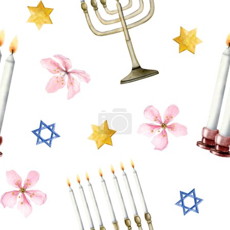 Photo for Shabbat candles, Jewish menorah, stars of David and flowers watercolor seamless pattern on white background for meeting of Saturday. - Royalty Free Image