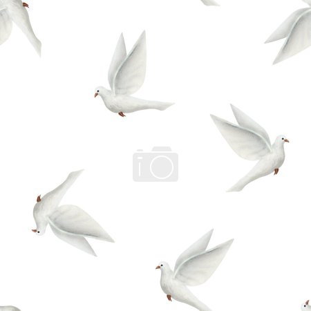 Téléchargez les photos : Pigeon blanc oiseau, colombes volantes de paix aquarelle motif sans couture sur fond blanc. - en image libre de droit