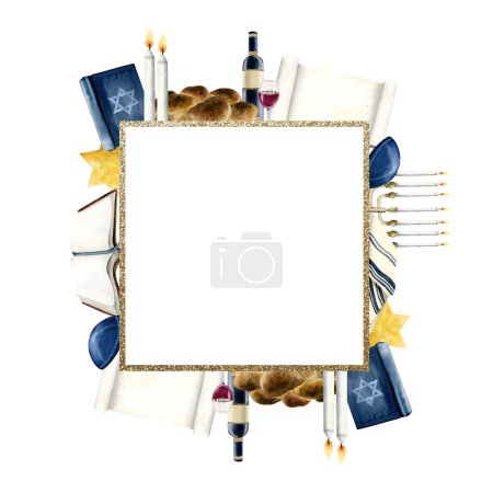 Photo for Shabbat Shalom square frame for greetings isolated on white background with Jewish challah bread, goblet of wine, Torah book, candles and kippah. Judaism watercolor illustration. - Royalty Free Image