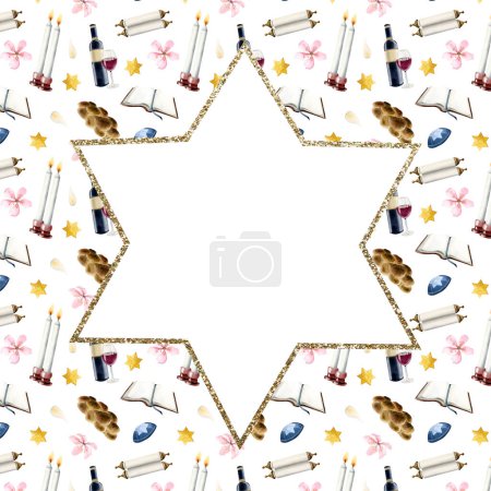 Foto de Shabat Shalom símbolos con la estrella de oro de David y espacio de copia para saludos en las redes sociales post acuarela ilustración sobre fondo blanco con accesorios religiosos para el sábado judío. - Imagen libre de derechos