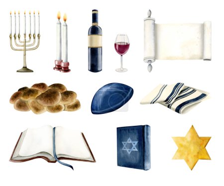 Photo for Shabbat Jewish Saturday watercolor illustration set isolated on white with open Torah book, gold star of David, two candles, challah, red wine glass and bottle, tallit and menorah. - Royalty Free Image