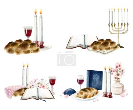 Szenen der Schabbat-Zeremonie Aquarell-Illustration auf Weiß mit aufgeschlagenem Thora-Buch, goldenem Davidstern, zwei Kerzen, Challah, Rotweinglas und Flasche sowie Menora für den jüdischen Samstag