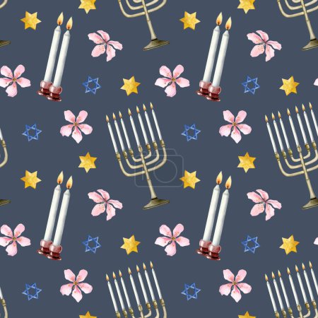 Foto de Azul oscuro Shabat acuarela patrón sin costuras con velas, menorá judía, estrellas de David y flores para la reunión del sábado judío. - Imagen libre de derechos