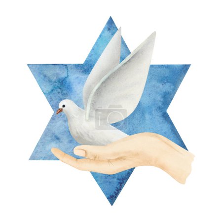 Téléchargez les photos : Concept Peace for Israel avec colombe volante blanche assise sur l'aquarelle à la main. Oiseau pigeon dessiné à la main dans un style simple réaliste pour support avec Israël et design de support. - en image libre de droit