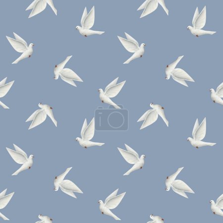 Photo for White pigeon bird in sky, flying doves of peace watercolor seamless pattern on pastel blue background. - Royalty Free Image