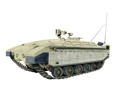 Namer Israeli armored personnel carrier and troops military vehicle of Israeli Defense Forces watercolor illustration isolated on white background.
