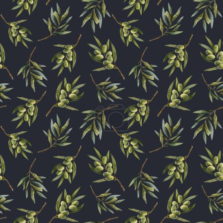 Foto de Acuarela ramas de olivo con hojas y frutas patrón sin costuras sobre fondo azul oscuro. Ilustración botánica de aceitunas dibujadas a mano para cosméticos, estampados, tejidos y envolturas. - Imagen libre de derechos