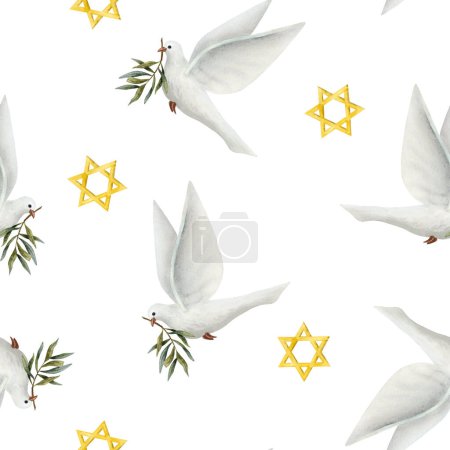 Foto de Paloma blanca de paz con rama de olivo y estrellas doradas de David, pájaro paloma volador acuarela patrón sin costuras sobre fondo blanco para stand con diseños de Israel. - Imagen libre de derechos