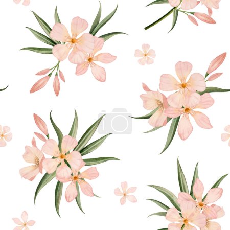 Photo for Floral seamless pattern with watercolor tropical oleander flowers and leaves on white background in peach pink pastel color. - Royalty Free Image