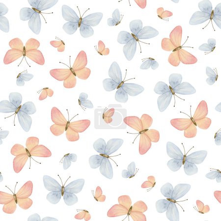 Téléchargez les photos : Papillons volants pastel en aquarelle rose et bleue motif sans couture sur fond blanc pour chambre de bébé, décoration de pépinière et tissus de Pâques. - en image libre de droit