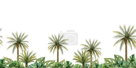 Téléchargez les photos : Palmiers, feuilles tropicales et buissons bordure horizontale sans couture avec jungle forêt nature et plantes exotiques isolées sur fond blanc. - en image libre de droit