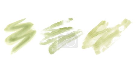 Foto de Pastel verde acuarela pinceladas dibujado a mano ilustración conjunto aislado sobre fondo blanco. Salpicaduras de verde oliva claro. - Imagen libre de derechos