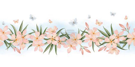 Photo for Floral spring seamless border with watercolor oleander flowers, pastel pink blue butterflies and sky blue splashes isolated on white background. Horizontal banner for baby girl room decor. - Royalty Free Image