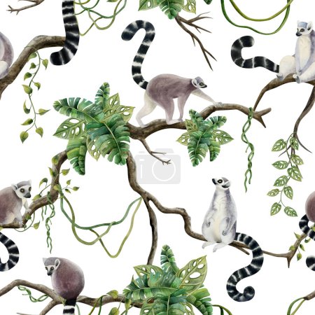Foto de Los lémures en los árboles de la selva con hojas tropicales y vides acuarela patrón sin costura con Madagascar monos tropicales lindos en ramas. - Imagen libre de derechos