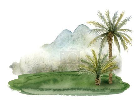 Photo for Tropical landscape with coconut palm trees, grass and mountains watercolor illustration isolated on white for summer jungle rainforests or prehistorical designs and travel brochures for vacation. - Royalty Free Image