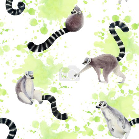 Abstract seamless pattern with lemurs and neon green watercolor splashes on white background with Madagascar tropical animals and monkeys with long tails.