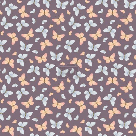 Butterflies in pastel pink and blue color watercolor seamless pattern on dust purple for baby room, nursery decor and Easter fabrics.