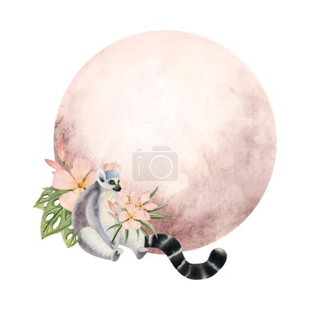 Foto de Mono lémur divertido con flores ramo rosa de plantilla de tarjeta de flores de adelfa. Acuarela dibujada a mano ilustración marco redondo aislado sobre fondo blanco. - Imagen libre de derechos