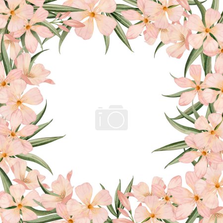 Oleander flowers and tropical vines round wreath watercolor floral illustration isolated on white background. Botanical summer drawing for logo design, cards and stickers.