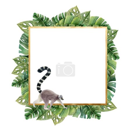 Photo for Watercolor tropical palm leaves and lemur monkey with long tail square summer frame with copy space for text. Hand drawn illustration isolated on white background. - Royalty Free Image