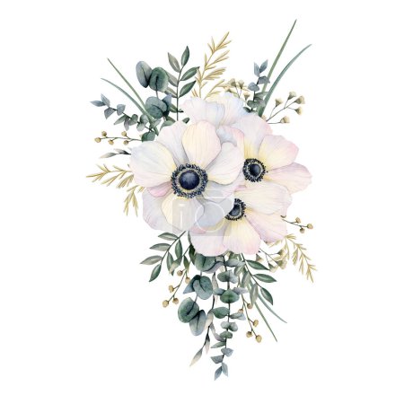 Photo for White anemones bouquet triangle composition with field poppies flowers, eucalyptus and grass watercolor illustration isolated on white background for greeting cards, spring wedding invitations. - Royalty Free Image
