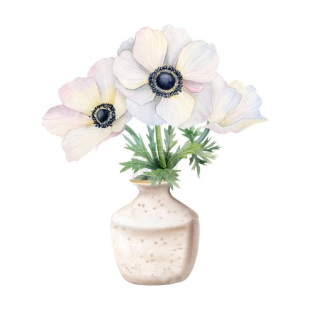 Photo for White anemones wildflowers bouquet in ceramic beige vase watercolor illustration isolated on white background for spring floral designs. - Royalty Free Image