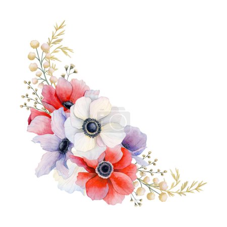 Amapolas de campo en rojo blanco y pastel colores púrpura composición de esquina con hierba seca acuarela ilustración para diseños de anémonas de primavera y boda floral.