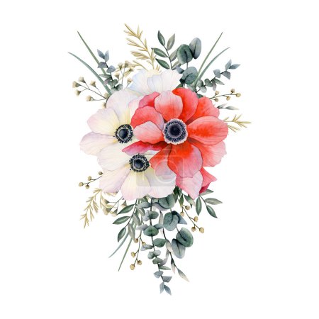 White and red anemones bouquet with field flowers, eucalyptus and grass watercolor illustration isolated on white background for greeting cards, spring wedding invitations and floral designs.