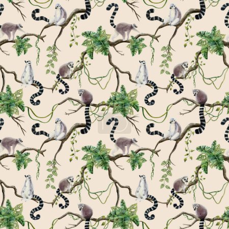 Photo for Tropical lemurs on jungle trees with palm leaves and vines watercolor seamless pattern on beige background with Madagascar cute tropical monkeys on branches. - Royalty Free Image